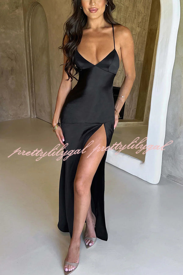 Satin Solid Color Sexy Backless Lace Up High Slit Maxi Dress