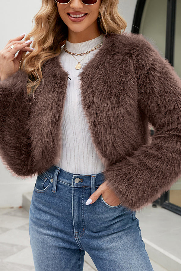 Stylish Long Sleeve Short Casual Faux Fur Jacket