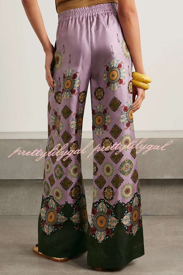 Satin Unique Print Loose Batwing Sleeve Top and Elastic Waist Pocket Casual Wide-leg Pants Set