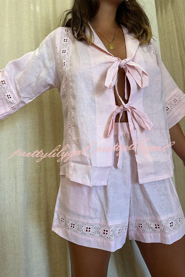 Celebrate Vacation Linen Blend Lace Splicing Tie-up Shirt and Elastic Waist Pocketed Shorts Set