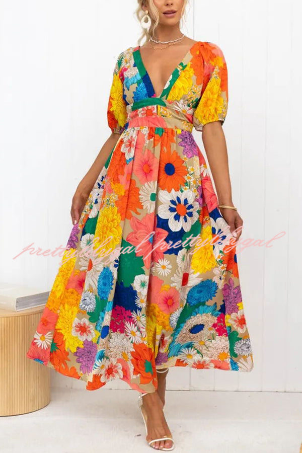 Floral Frenzy Printed Puff Sleeve Back Smocked Maxi Dress