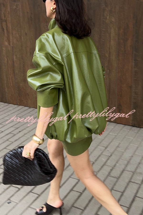 Solid Color Loose Long Sleeve Pocket Casual Leather Jacket