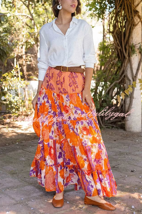 Resort Style Floral Print Elastic Waist Loose Stitching Maxi Skirt