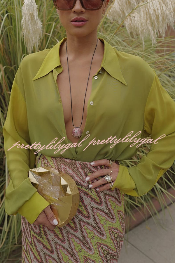 Moonlit Waltz Gradient Print Button Up Long Sleeve Loose Blouse