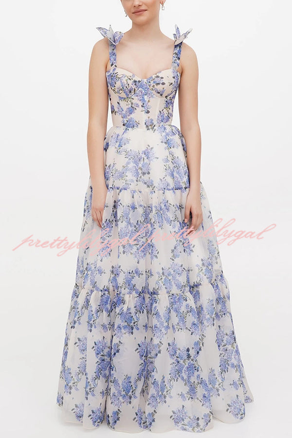 Fairytale Itself Organza Floral Print Tie Strap Maxi Dress