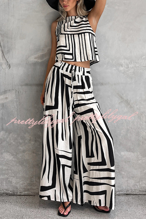 Striped Printed Sleeveless Casual Top and Elastic Waist Loose Pocket Wide-leg Pants Set