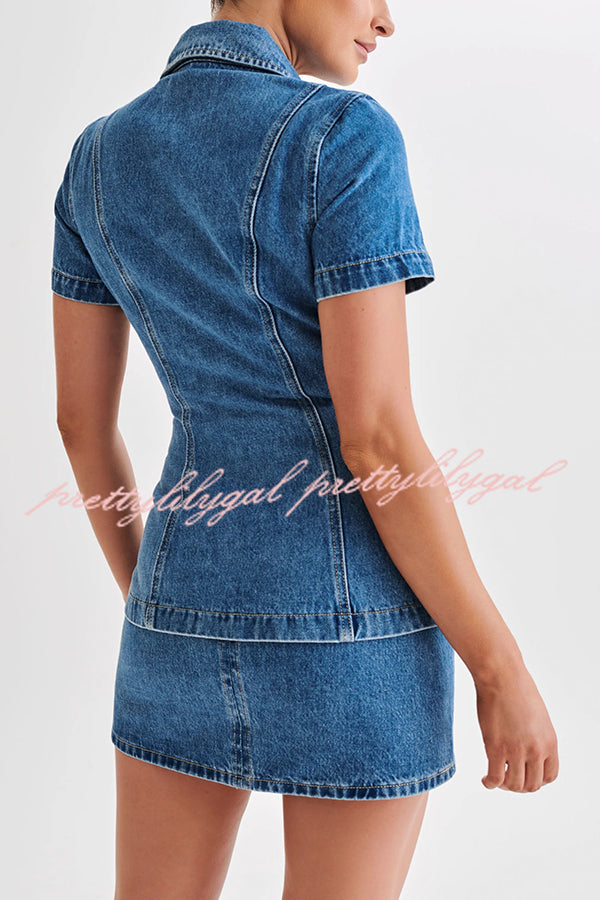 Modern Flavor Denim Short Sleeve Button Up Princess Seams Stretch Top