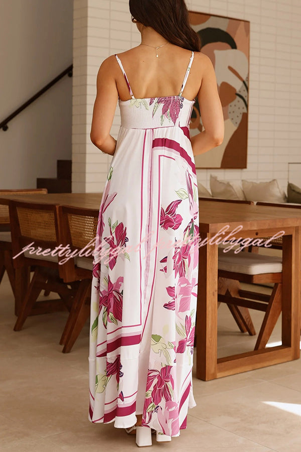Botanical Print Halter Square Neck Pleated Loose Maxi Dress