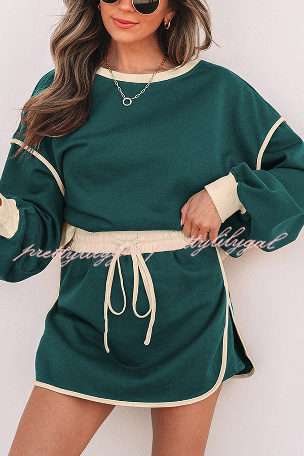 Fashion Round Neck Long Sleeve Spliced Casual Top and Elastic Waist Loose Shorts Set