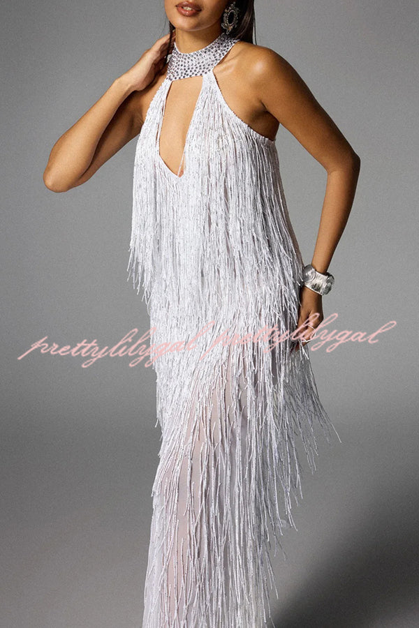 Glimmer Hour Shiny Layered Tassels Halter Cutout Neck Split Maxi Dress