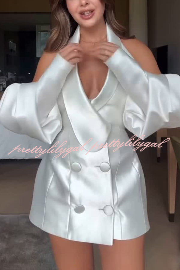 Muse Satin Double-breasted Split Puff Sleeve Back Lace-up Halter Blazer Mini Dress