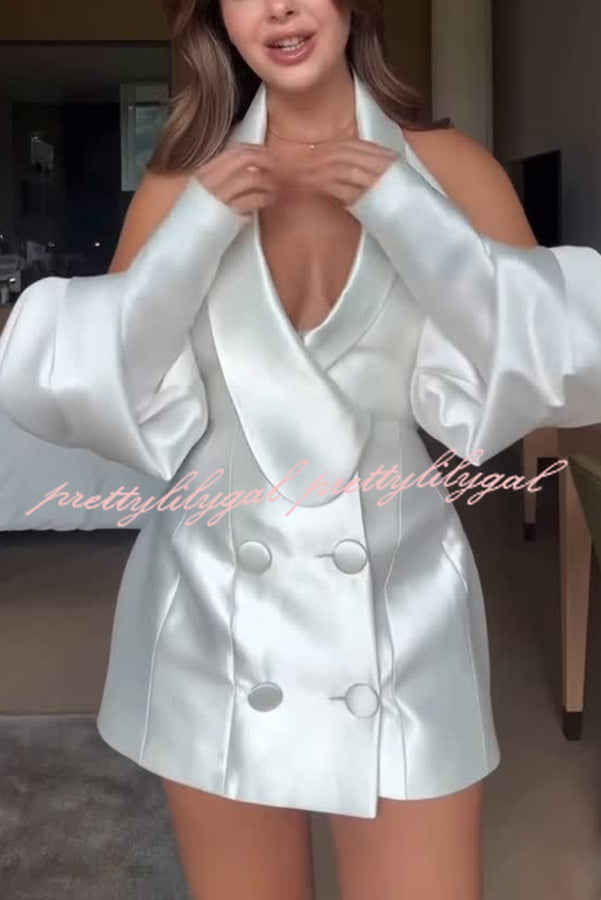 Muse Satin Double-breasted Split Puff Sleeve Back Lace-up Halter Blazer Mini Dress