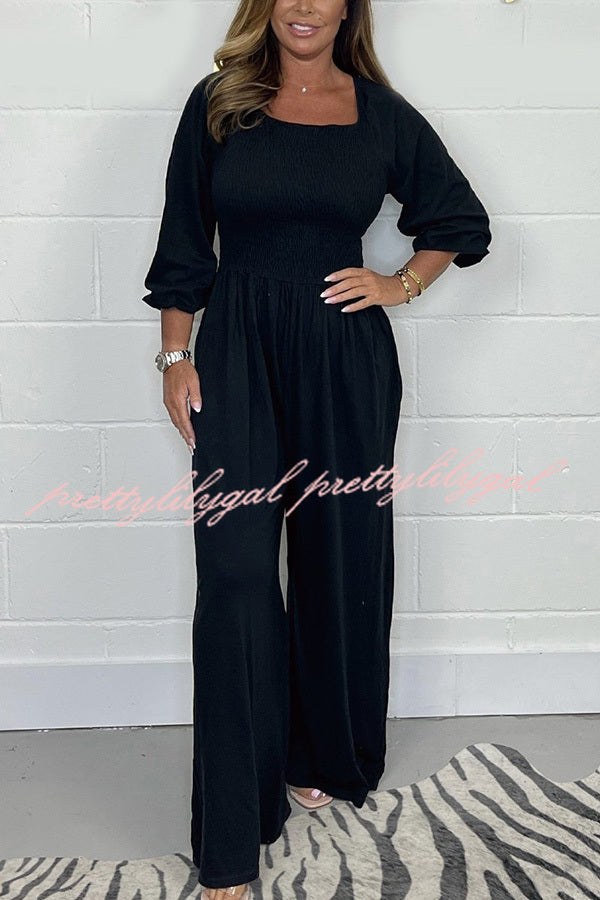 Casual and Comfortable Smocked Solid Color Wide Leg Jumpsuit