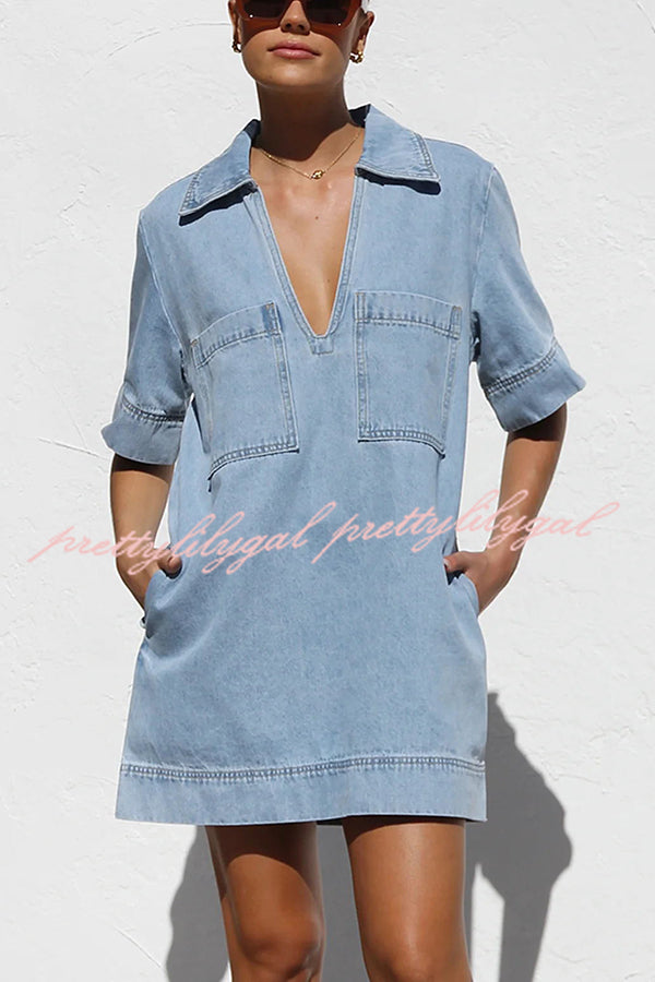 Amalie Light Denim Open Collar Pocketed Shift Style Mini Dress