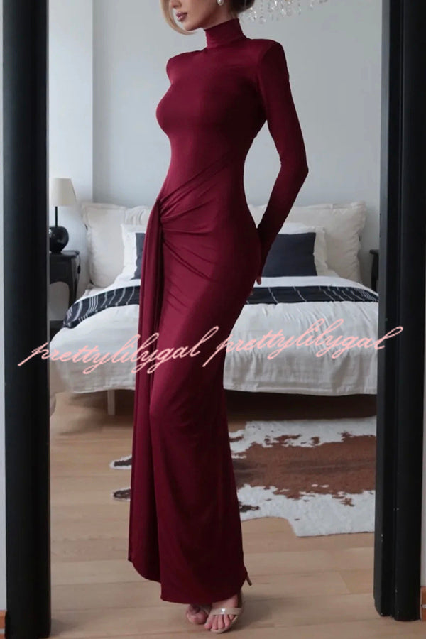 Luxe Silhouette High Neck Shoulder Pads Drape Stretch Maxi Dress