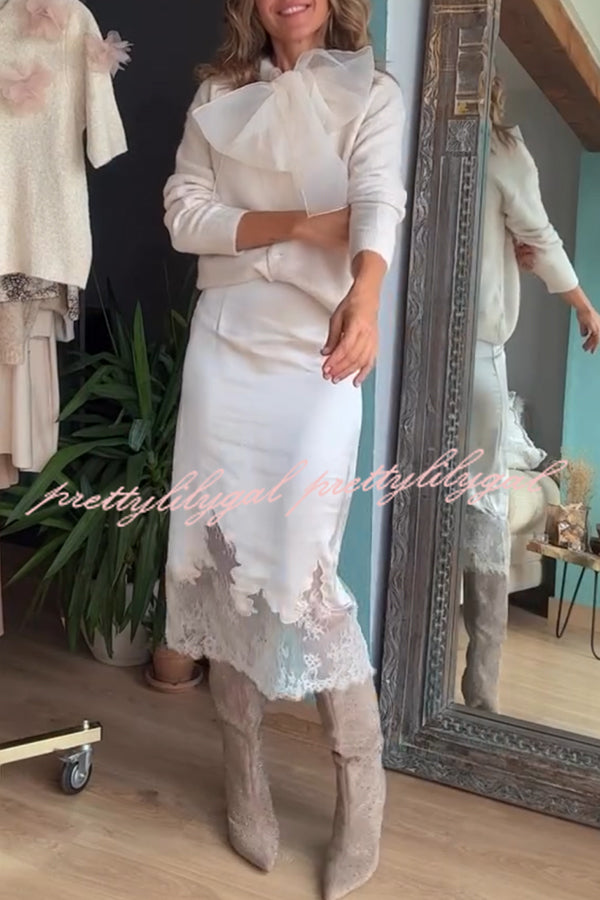 Lola Satin Lace Trim High Rise Side Zipper Loose Midi Skirt