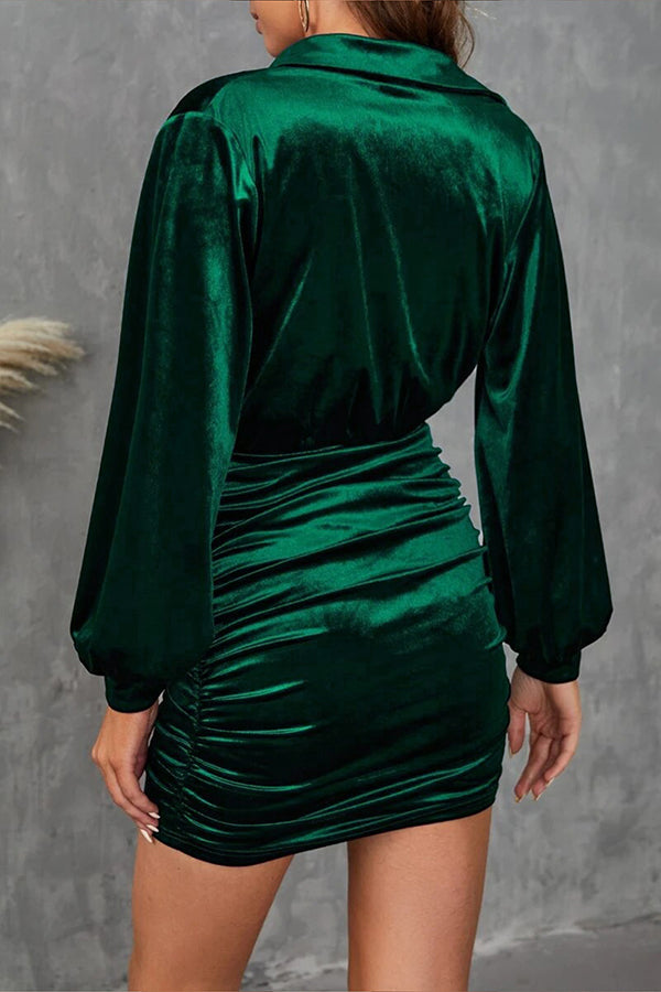 Elegant Velvet Long-sleeved Pleated Slim-fit Mini Dress