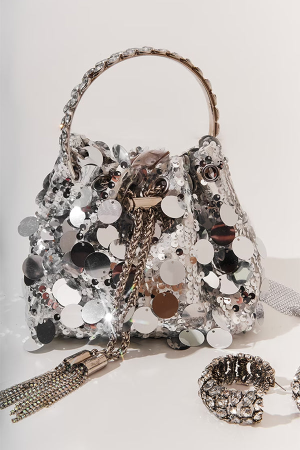 Sequin Pouch Metal Handle Hand Bag