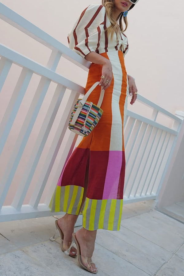 Kaya Linen Blend Color Block Print Front Cutout Knot Puff Sleeve Maxi Dress