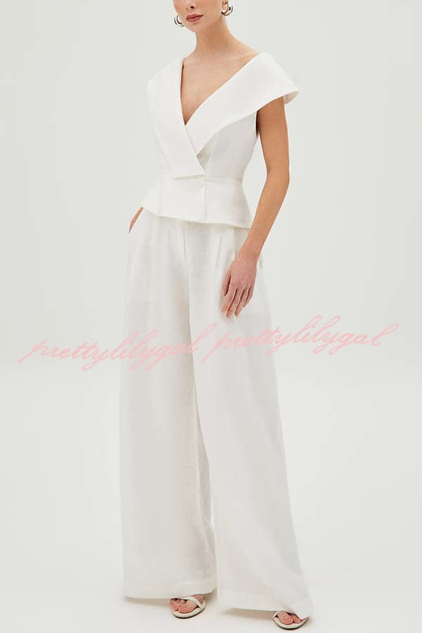 Velena Linen Blend Button Up Lapel Top and High Rise Pocket Wide Leg Pants Set