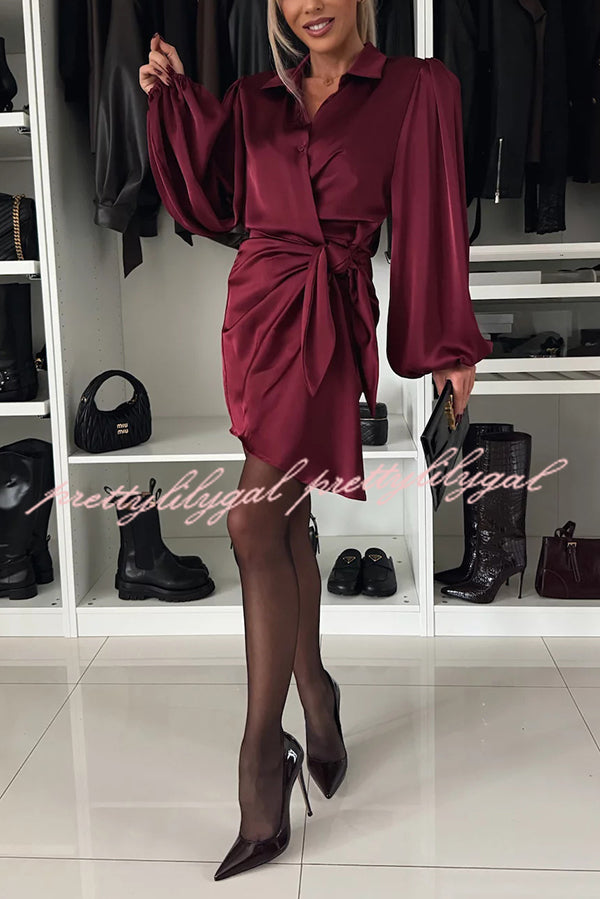 Solid Satin Long Sleeve Tie Waist Irregular Mini Dress