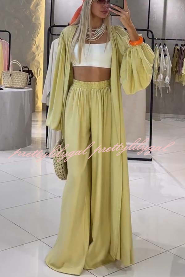 Beach Cottage Open Front Long Pleated Lantern Sleeve Long Cover-up Jacket