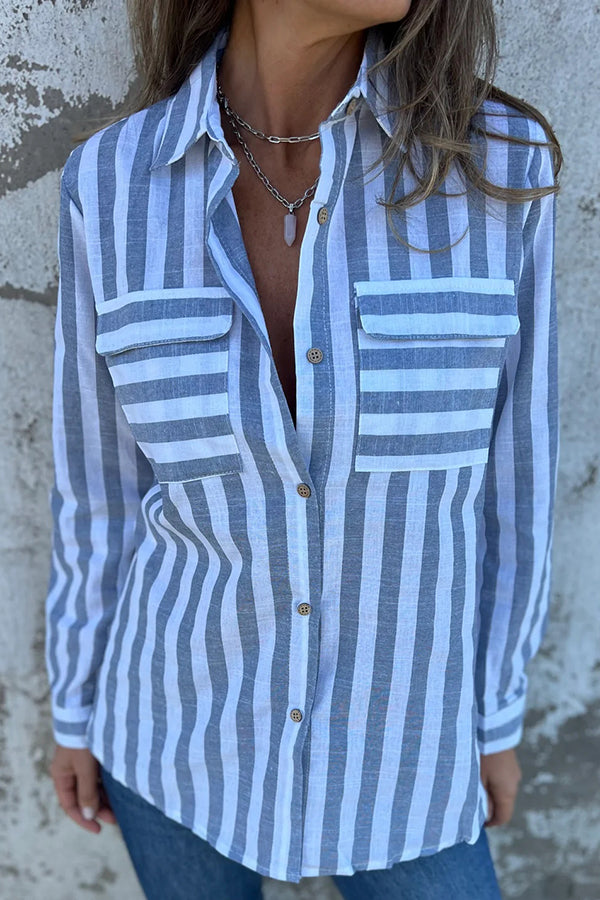 Striped Print Casual Pocket Shirt Top