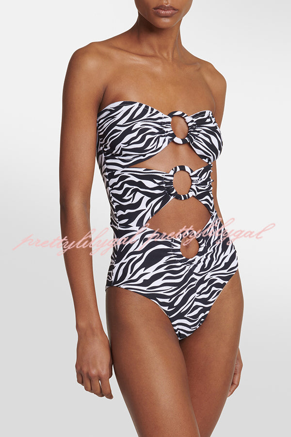 Marsie Zebra-print Ring Cutout Details Off Shoulder Stretch One-Piece Swimsuit
