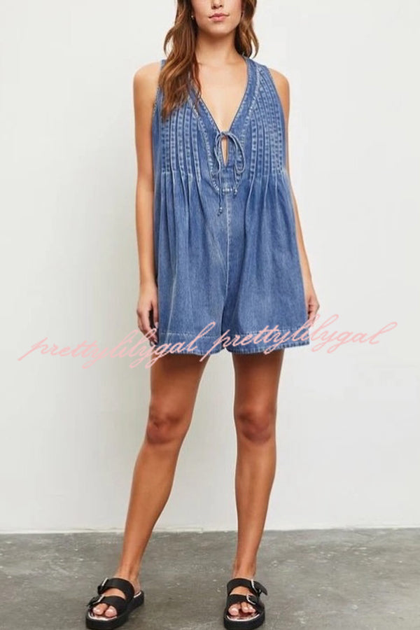 Downtown Daze Denim Pleated Tie-up Pocketed Loose Romper