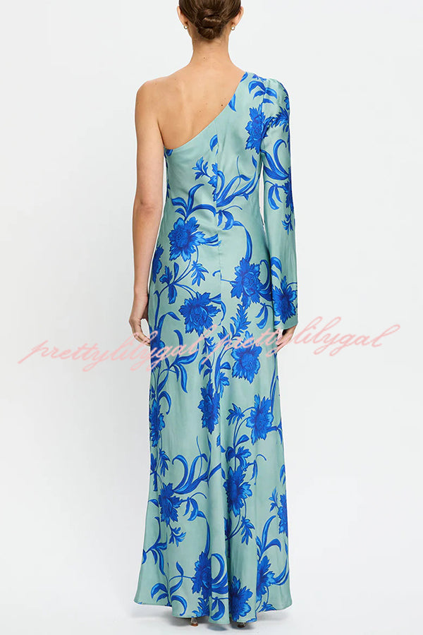 Satin Botanical Print One-Sleeve Resort Maxi Dress