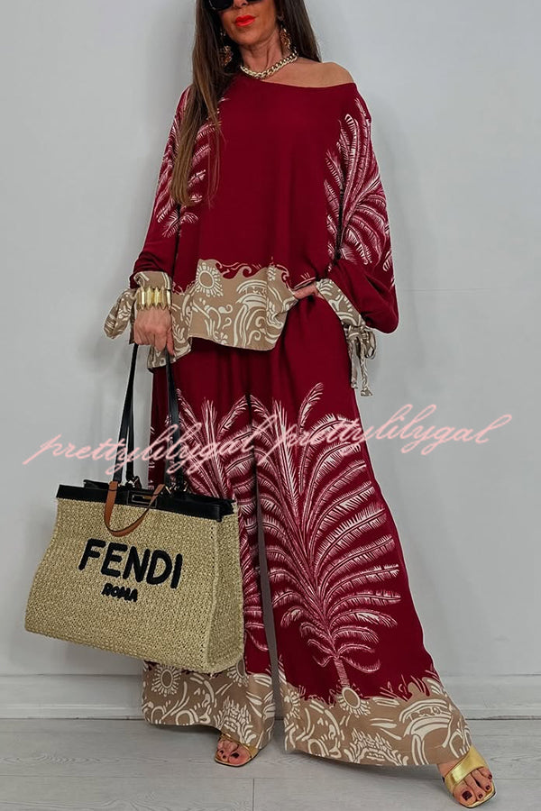 Unique Print Loose Drawstring Long Sleeve Top and Elastic Waist Casual Pocket Wide Leg Pants Set