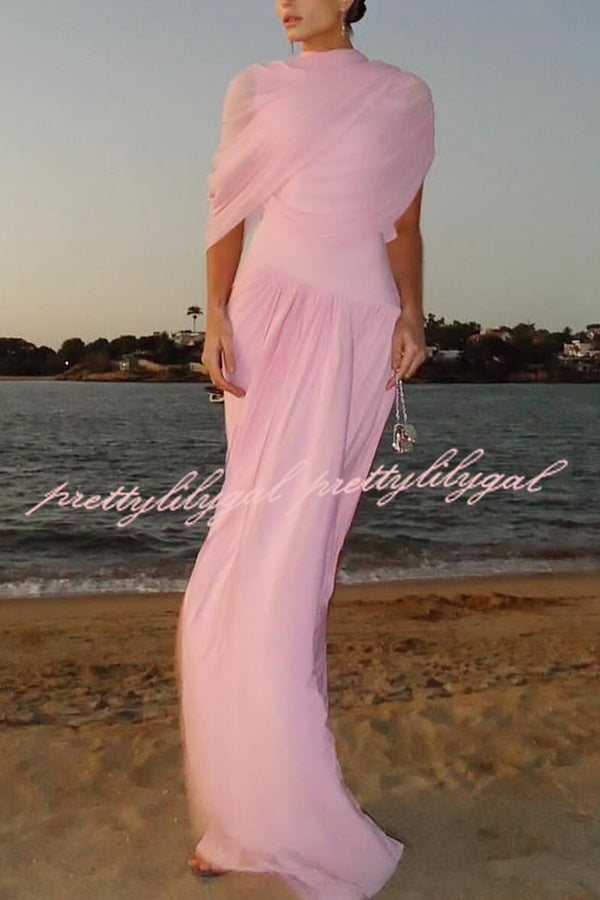 Elegant Mesh Cape-style Pleated Draped Maxi Dress