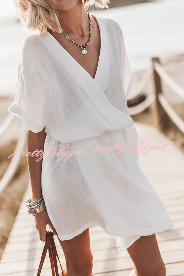 Breezy Retreat Cotton Linen Blend Pocketed Belt Kimono Mini Dress