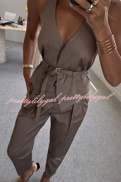 Sexy Backless Belted Waistcoat and Casual Pocket Pants Set