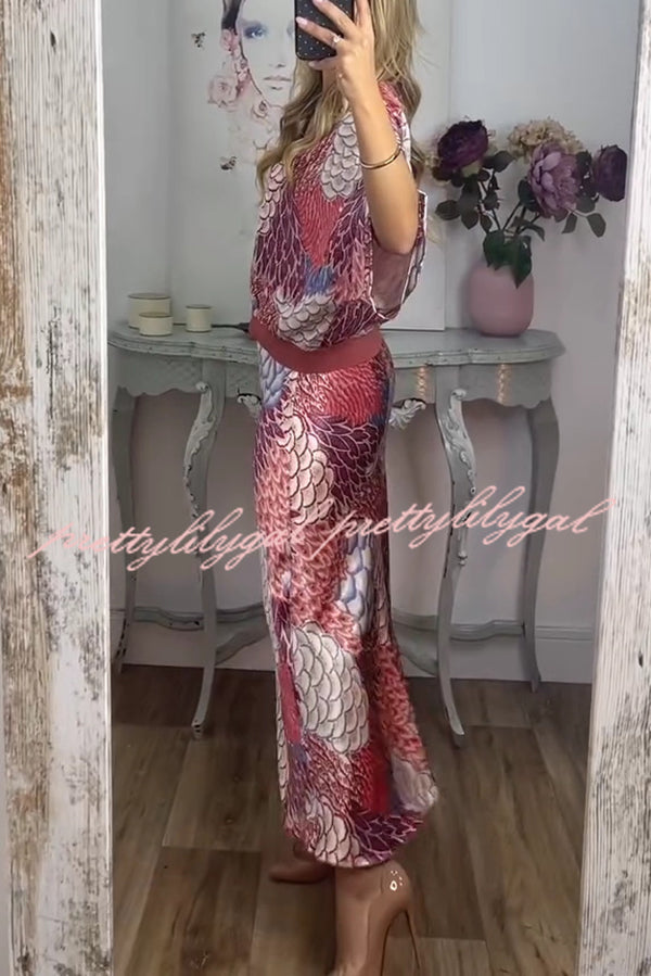 Satin Floral Print V-neck Half-sleeve Loose Top and Elegant Maxi Skirt Set