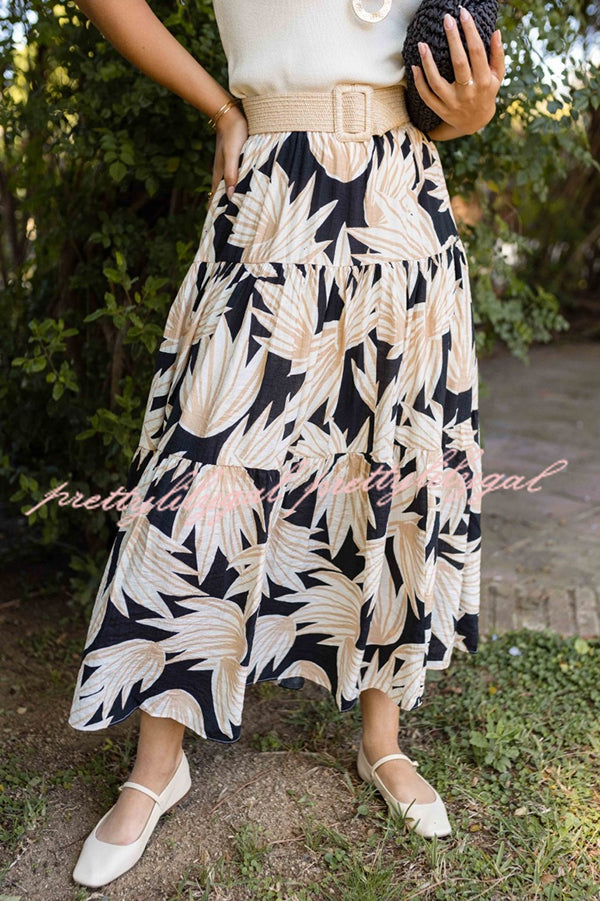 Resort Style Botanical Print Elastic Waist Loose Stitching Midi Skirt