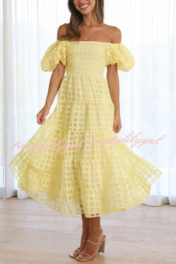 Dare To Dance Square Pattern Fabric Smocked Puff Sleeve Midi Dress