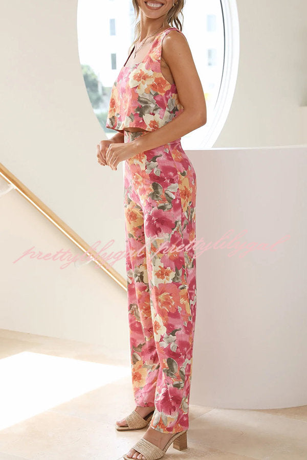 Truly Darling Floral Square Neck Tank and High Rise Wide Leg Pants Set