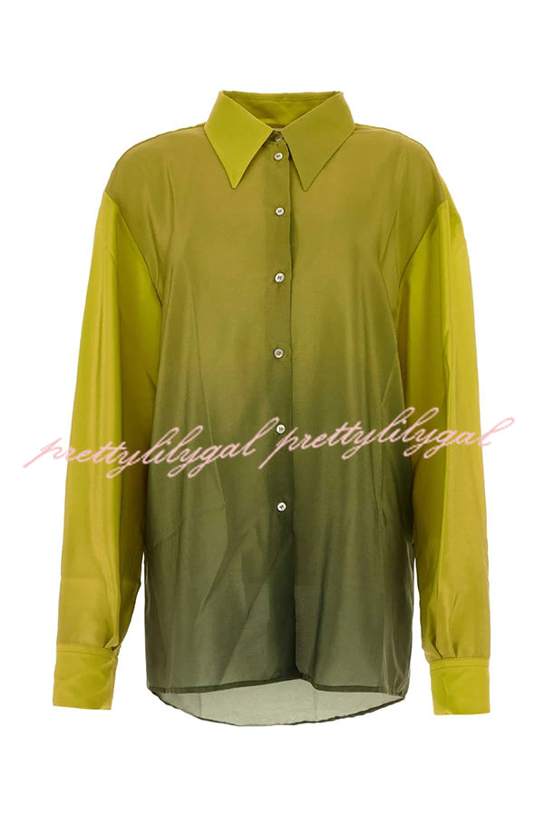 Moonlit Waltz Gradient Print Button Up Long Sleeve Loose Blouse