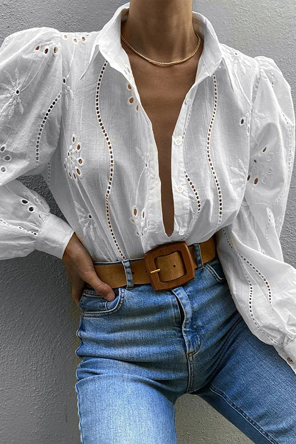 Fashion Hollow Puff Sleeve Casual Lapel Loose Shirt
