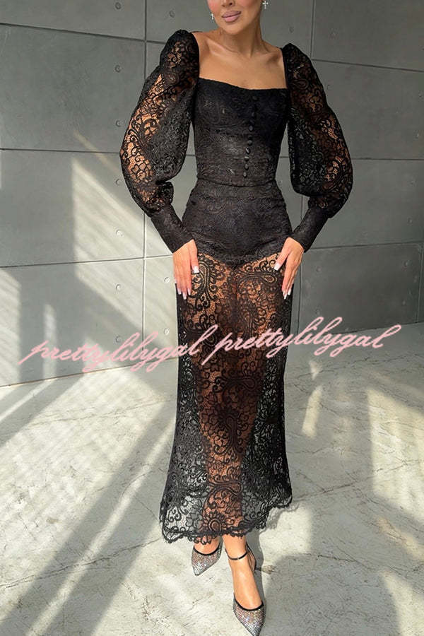Timeless Moment Floral Lace Square Neck Button Up Balloon Sleeve Top