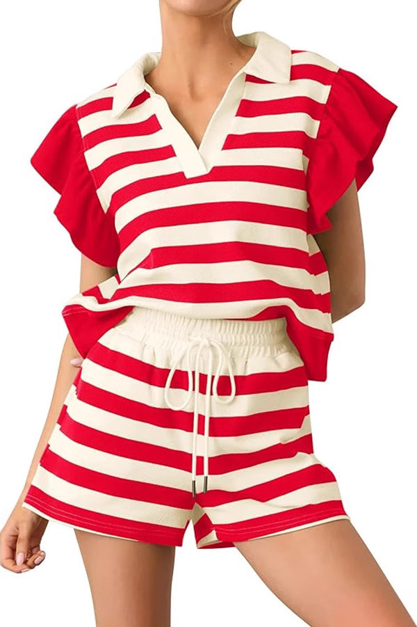 Striped Print Ruffle Sleeve Loose Top and Elastic Waist Tie Casual Pocket Shorts Set