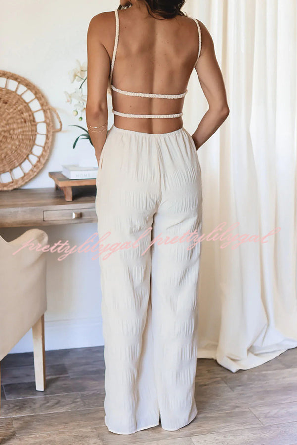 Summer Vacay Style Crinkle Fabric Cut Out Elastic Waist Pocket Backless Jumpsuit