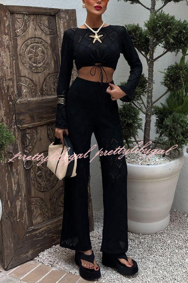 Solid Color Hollow Short Long-sleeved Top and Casual Stretch Wide-leg Pants Knitted Set
