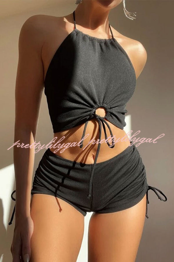 Solid Color Sexy Halter Neck High Waist String Stretch Bikini Swimsuit