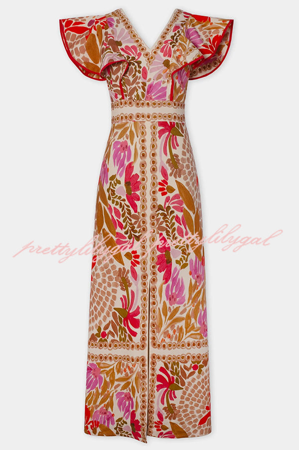 Unique Printed V-neck Open Back Ruffled Sleeves Slit Maxi Dress