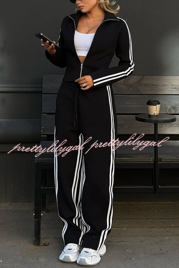 Fashionable Sports Style Striped Long-sleeved Jacket and Elastic Waist Casual Pants Set