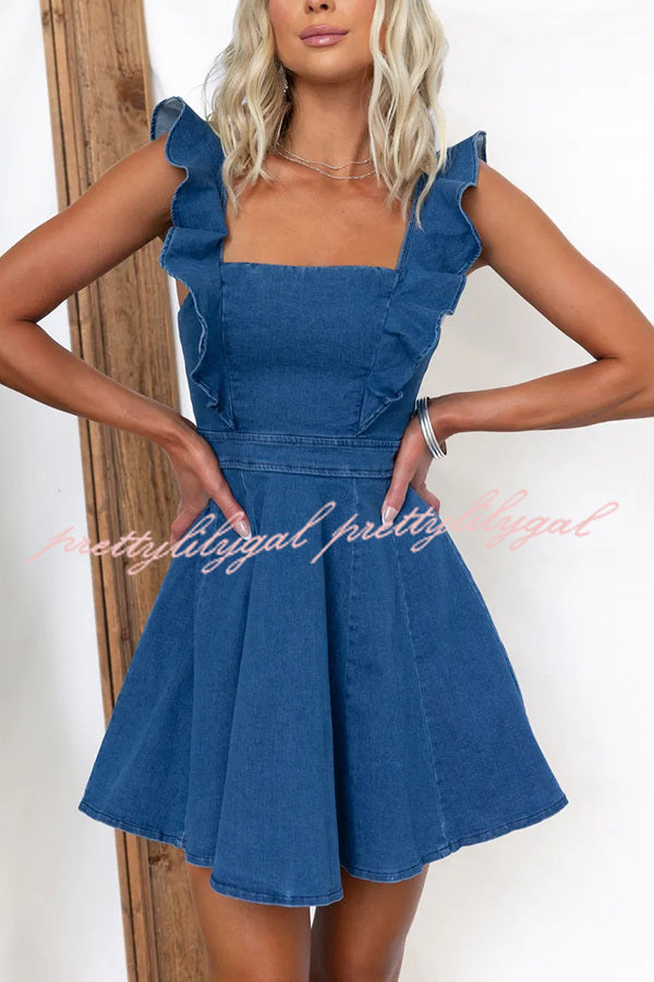 Sweet Secret Denim Square Neck Ruffle Sleeve Stretch Mini Dress