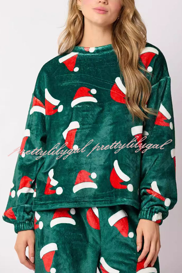 Christmas Printed Crew Neck Long Sleeve Top and Elastic Waist Loose Pants Set