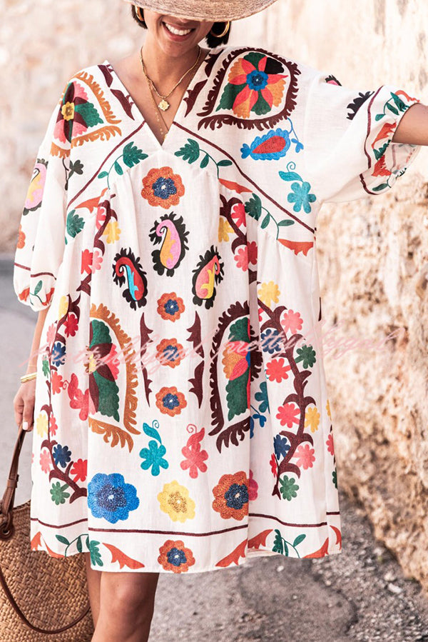 Unique Print Loose V-Neck Lantern Sleeve Mini Dress